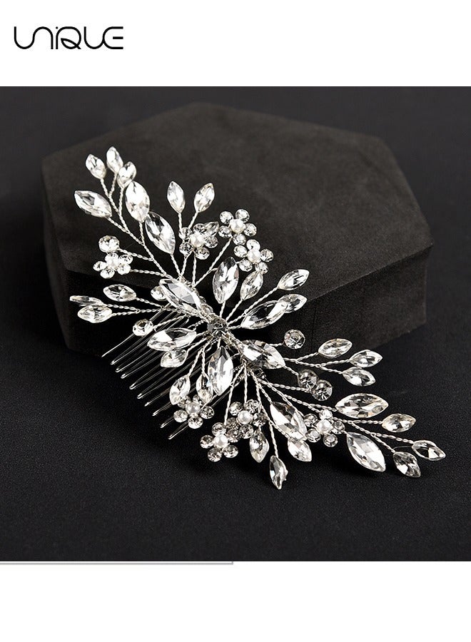Unique Headdress,Crystal Hair Comb Bridal Pieces Flower Bride Wedding Accessories with Pearl Side Combs Headpiece for Women Silver - Image 4