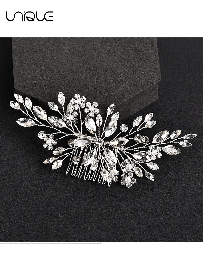 Unique Headdress,Crystal Hair Comb Bridal Pieces Flower Bride Wedding Accessories with Pearl Side Combs Headpiece for Women Silver - Image 3