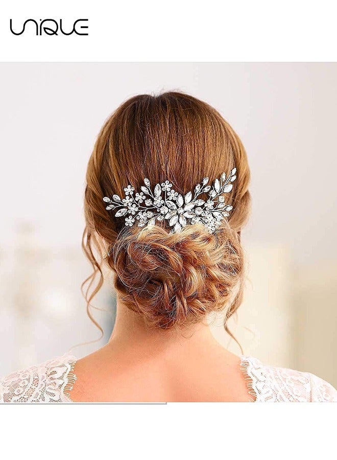 Unique Headdress,Crystal Hair Comb Bridal Pieces Flower Bride Wedding Accessories with Pearl Side Combs Headpiece for Women Silver - Image 5