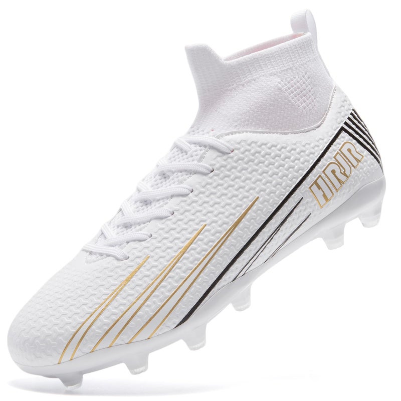 HRJR Mens Soccer Cleats Football Cleats for UnisexAdult HighTop Spikes Shoes for Youth Lightweight Professional Training Turf Outdoor Athletic Sneaker Big Boys White 8 - Image 2