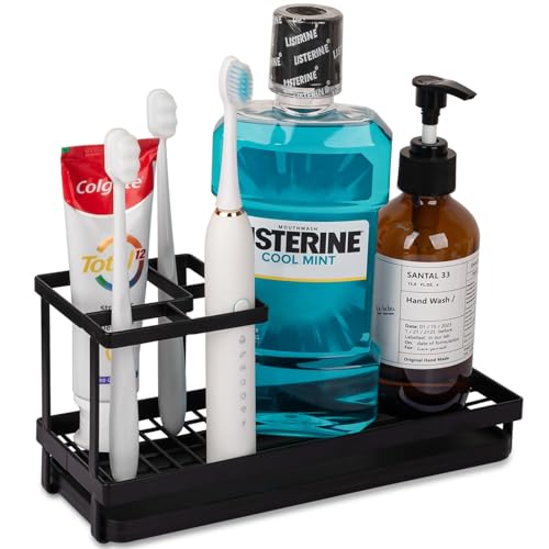 Heagoale Toothbrush Holders for Bathrooms, Carbon Steel Tooth Brushing Holder Electric Toothbrush and Toothpaste Organizer Bathroom Accessories for Countertop, Shower, Sink - Matte Black - Image 1