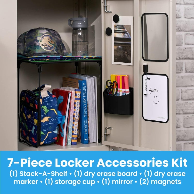 LockerMate 7Piece Locker Organizer Kit Includes Locker Shelf Mirror Whiteboard Storage Cup  Dry Erase Marker  Black - Image 3