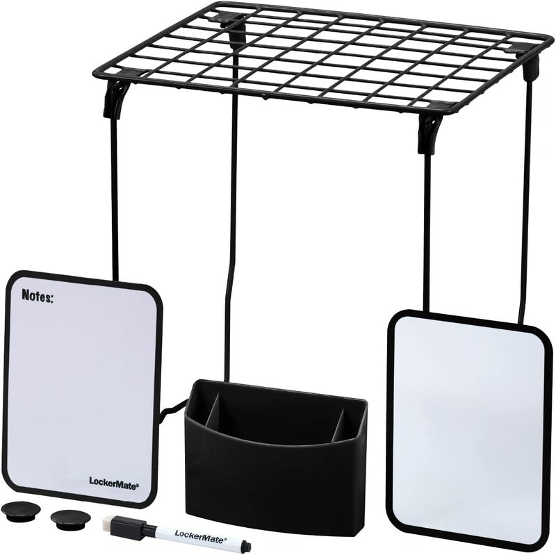 LockerMate 7Piece Locker Organizer Kit Includes Locker Shelf Mirror Whiteboard Storage Cup  Dry Erase Marker  Black - Image 1
