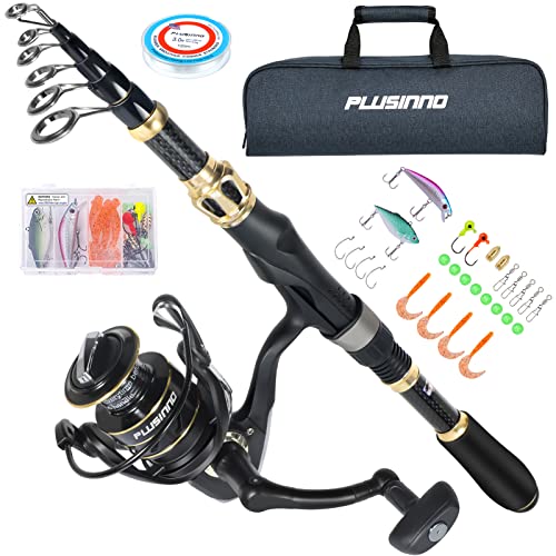 PLUSINNO Fishing Rod and Reel ComboFishing PoleTelescopic Fishing Rod Kit with Spinning Reel Telescopic Fishing Pole with Carrier Bag for Freshwater Saltwater for Men Women