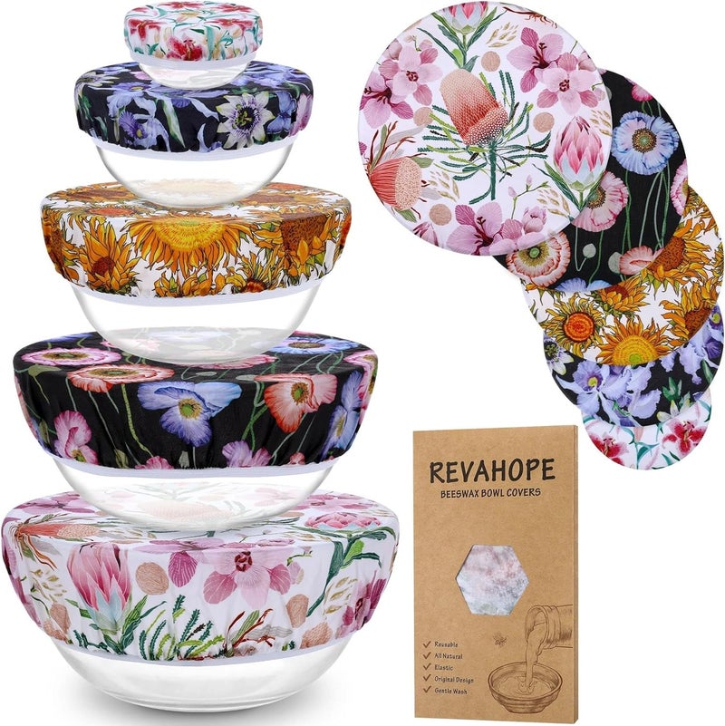 Revahope 5-Size Reusable Beeswax Bowl Covers for Bread Proofing, Cotton Cloth Flexible Beeswax Wraps for Food Storage(Protea Floral) - Image 1