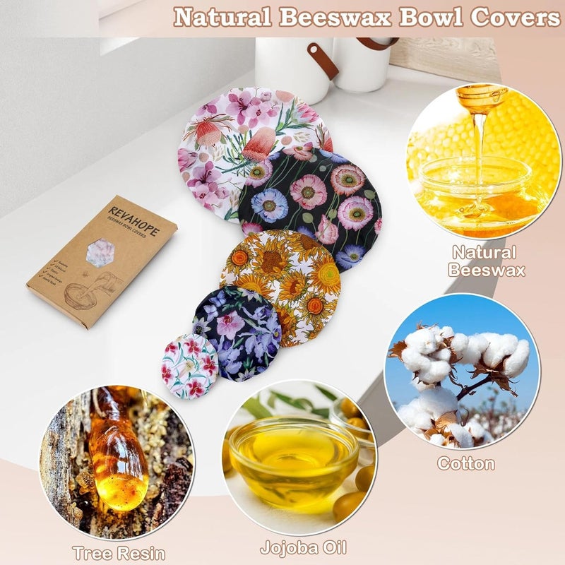 Revahope 5-Size Reusable Beeswax Bowl Covers for Bread Proofing, Cotton Cloth Flexible Beeswax Wraps for Food Storage(Protea Floral) - Image 3