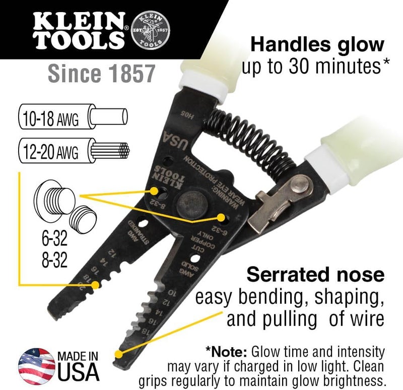 Klein Tools 11055GLW Wire Stripper / Cutter, Made in USA, Klein-Kurve Stripper / Cutter, 10-18 AWG Solid, 12-20 AWG Stranded Wire, Glow in the Dark Grips - Image 2