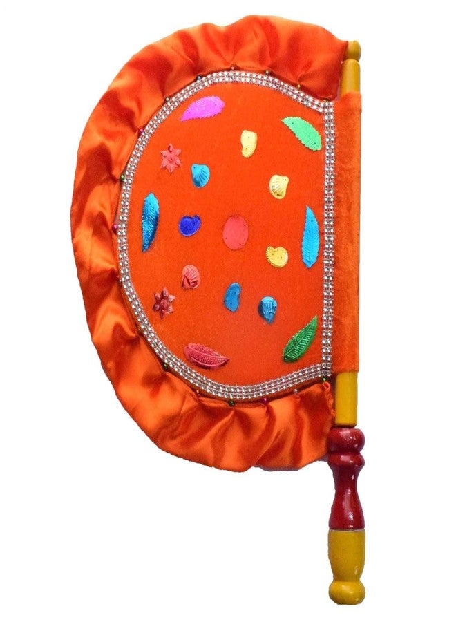 Genericc DIGSMORDEN Velvet Cloth Hand Made Beautiful & Traditional Orange Color Hand Fan | Elegant Velvet Fabric Fan with Wooden Handle | Exquisite Handcrafted Design for Cool Air, Comfort, and Style - Image 1