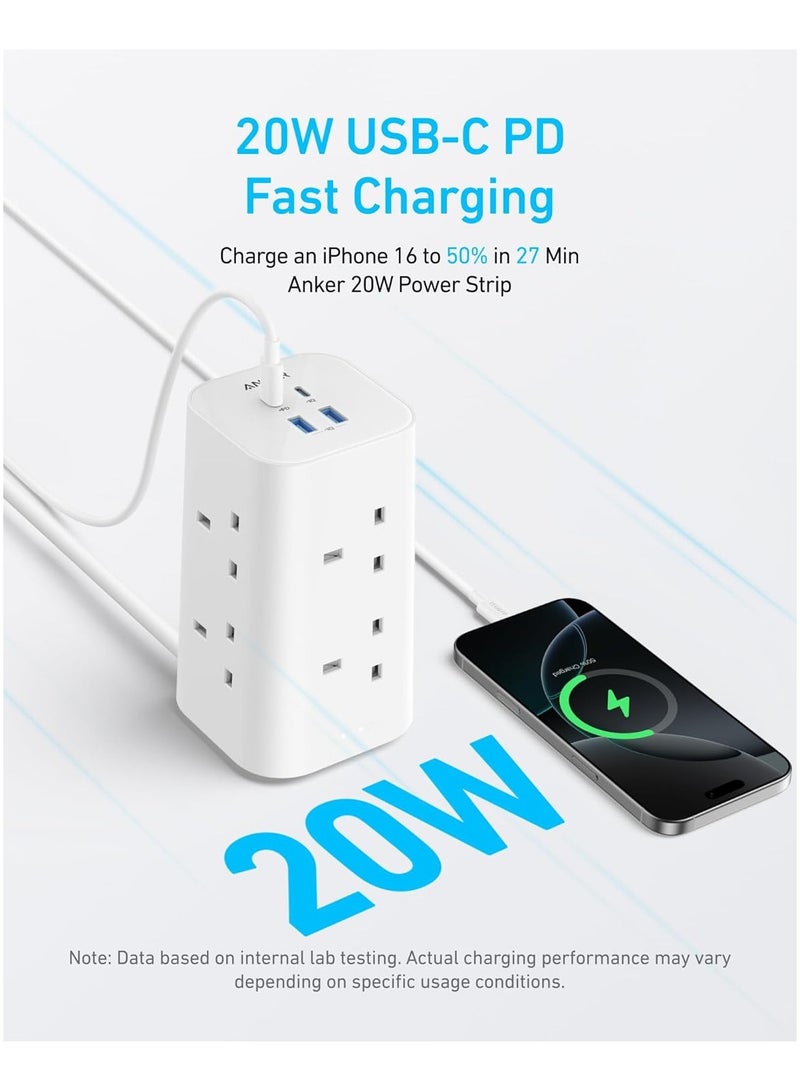 Anker Tower Extension Lead with USB Slots, 12-in-1 Surge Protector Plug Extension Socket with Switch (13A, 2990W), 20W USB C Fast Charging Power Strip, 8 AC Outlets, 4 USB Ports, 2m Extension Cable - Image 2