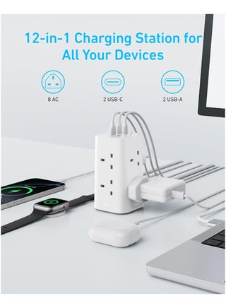 موزع طاقة برج مع فتحات USB، 12 في 1 واقي من زيادة التيار مع مقبس تمديد مع مفتاح (13A، 2990W)، شريط طاقة شحن سريع USB C بقوة 20W، 8 مآخذ AC، 4 منافذ USB، كابل تمديد بطول 2م - view 3