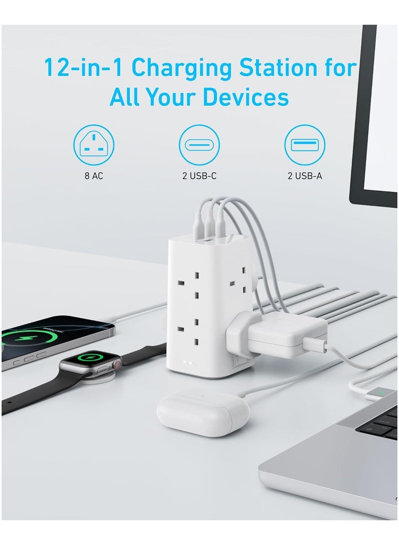 Anker Tower Extension Lead with USB Slots, 12-in-1 Surge Protector Plug Extension Socket with Switch (13A, 2990W), 20W USB C Fast Charging Power Strip, 8 AC Outlets, 4 USB Ports, 2m Extension Cable - Image 3