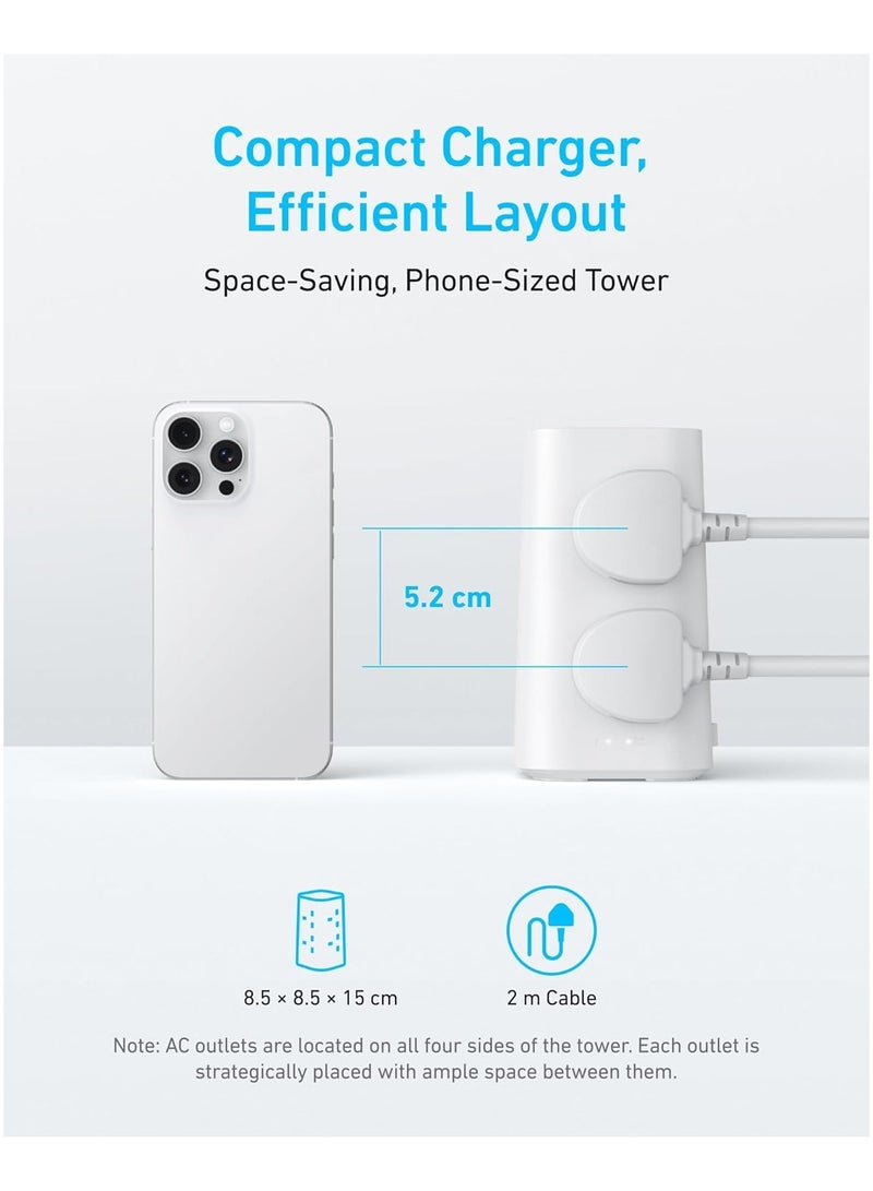 Anker Tower Extension Lead with USB Slots, 12-in-1 Surge Protector Plug Extension Socket with Switch (13A, 2990W), 20W USB C Fast Charging Power Strip, 8 AC Outlets, 4 USB Ports, 2m Extension Cable - Image 5