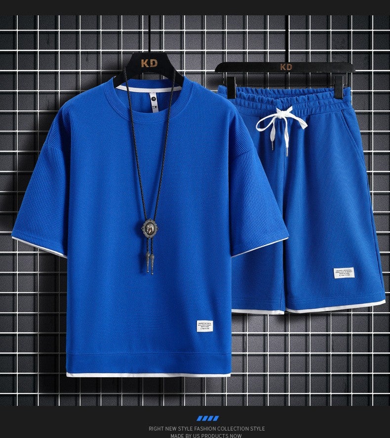 Waffle ShorT-sleeved T-shirT Men's Casual SporTs SuiT Summer Loose ShirT Ice Silk SweaTshirT T-shirT Two-piece  SeT