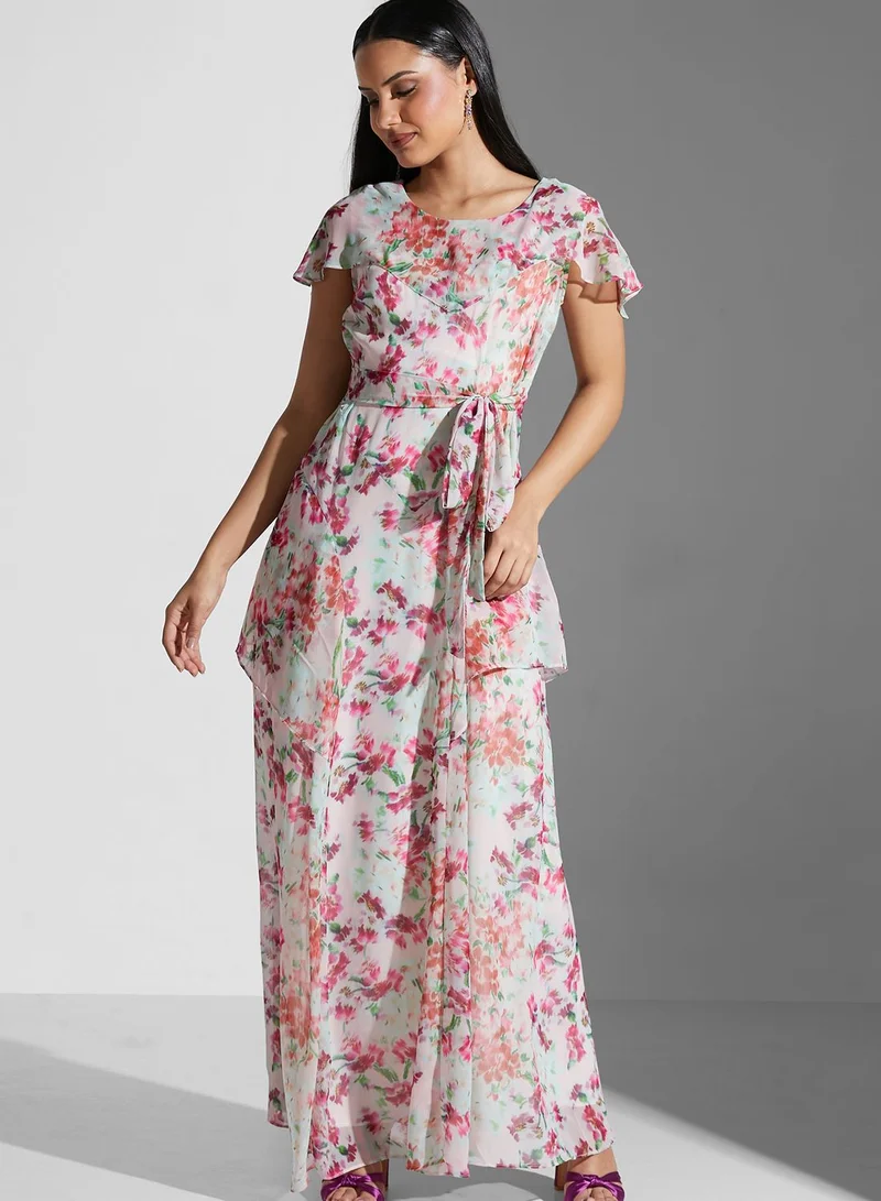 Hope & Ivy Flutter Sleeve Floral Print Ruffle Detail Dress