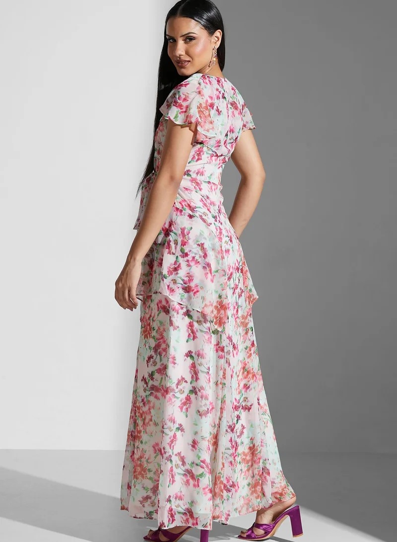 Hope & Ivy Flutter Sleeve Floral Print Ruffle Detail Dress
