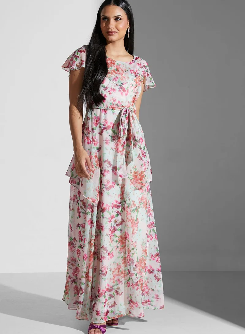 Hope & Ivy Flutter Sleeve Floral Print Ruffle Detail Dress
