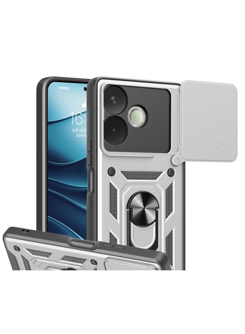 جراب حمايه مقاوم للصدمات وحمايه للكاميرا مزود بدبله معدنيه متوافق مع  Oppo A5 Pro (فضي)