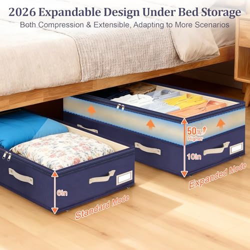 Dolicer 2 Pack Under Bed Storage with Wheels, 6in-10in Height Adjustable Underbed Storage Containers, 92L XXXL Under Bed Drawers Rolling Bin with Clear Lids for Dorm Shoes Clothes Organizers(Blue) - Image 2