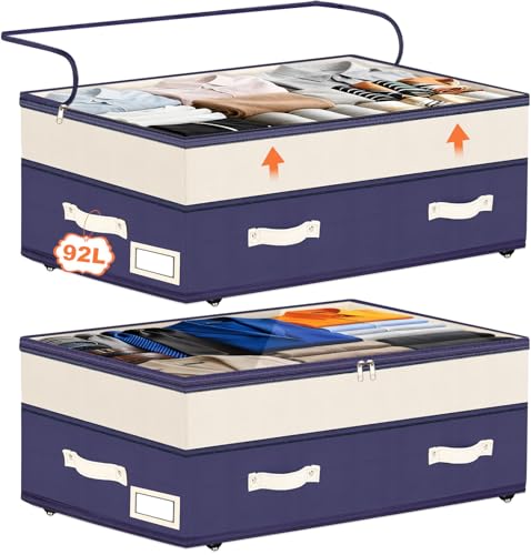 Dolicer 2 Pack Under Bed Storage with Wheels, 6in-10in Height Adjustable Underbed Storage Containers, 92L XXXL Under Bed Drawers Rolling Bin with Clear Lids for Dorm Shoes Clothes Organizers(Blue) - Image 1