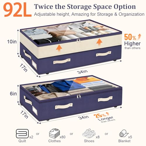 Dolicer 2 Pack Under Bed Storage with Wheels, 6in-10in Height Adjustable Underbed Storage Containers, 92L XXXL Under Bed Drawers Rolling Bin with Clear Lids for Dorm Shoes Clothes Organizers(Blue) - Image 3