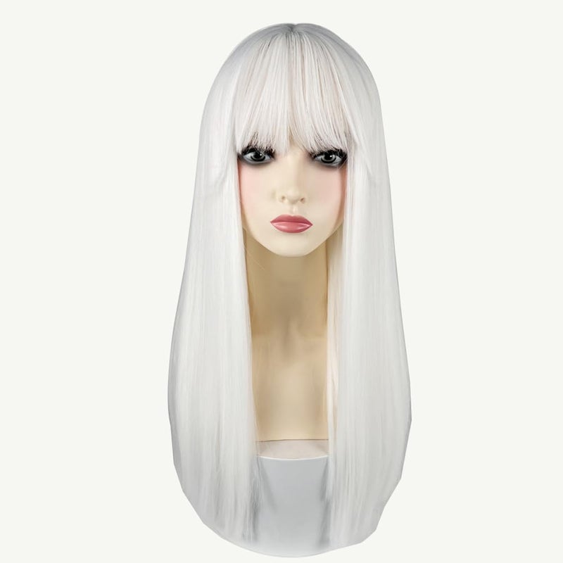 URCGTSA URCGTSA 22 Inches long Hair Wig for Women Black Synthetic Hair Natural Long Straight Wig With Bangs Party Cosplay Wig for Girl White 