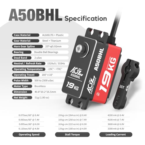 AGFRC 19KG LowProfile ProgrammableDigitalServo 0073Sec High Speed Full Metal Gear Brushless RC Servo with 25T Metal Servo Horn for 110 RC Car Control Angle 180 A50BHL - Image 5