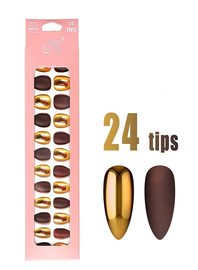 Rapidsflow 24pc Set Of Long French Artificial Nails Full Nail Extension With Nail Attached Glue (12 Matte+12 Shiny) (Golden Brown) - Image 2