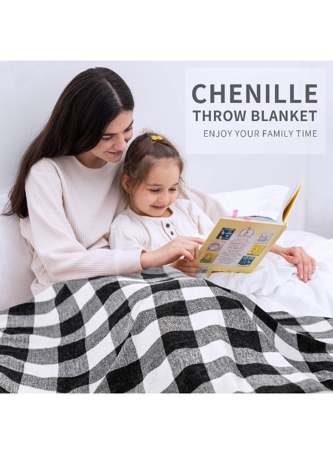 RECYCO Buffalo Paid Chenille Throw Blanket for Couch, Soft Cozy Decorative Buffalo Check Blanket Throw with Tassels for Bed Sofa, Lightweight Chenille Knitted Throw, Plaid Black Off White, 50'' x 60'' - Image 3