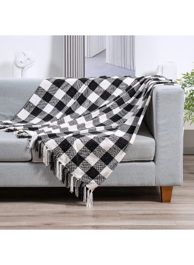 RECYCO Buffalo Paid Chenille Throw Blanket for Couch, Soft Cozy Decorative Buffalo Check Blanket Throw with Tassels for Bed Sofa, Lightweight Chenille Knitted Throw, Plaid Black Off White, 50'' x 60'' - Image 2