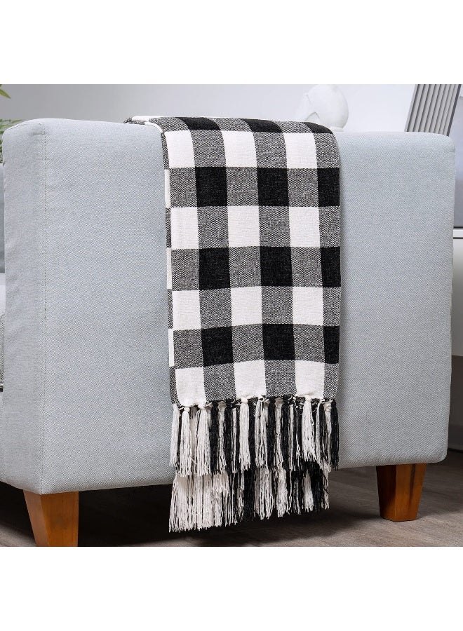 RECYCO Buffalo Paid Chenille Throw Blanket for Couch, Soft Cozy Decorative Buffalo Check Blanket Throw with Tassels for Bed Sofa, Lightweight Chenille Knitted Throw, Plaid Black Off White, 50'' x 60'' - Image 1