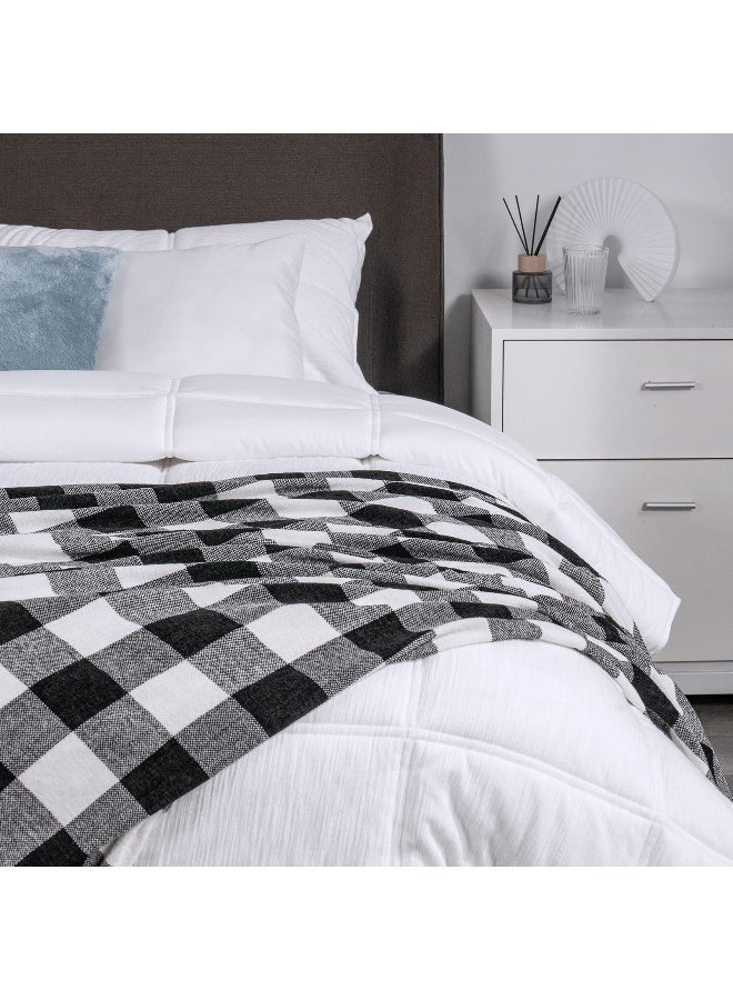 RECYCO Buffalo Paid Chenille Throw Blanket for Couch, Soft Cozy Decorative Buffalo Check Blanket Throw with Tassels for Bed Sofa, Lightweight Chenille Knitted Throw, Plaid Black Off White, 50'' x 60'' - Image 4