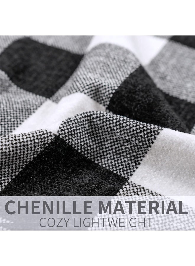RECYCO Buffalo Paid Chenille Throw Blanket for Couch, Soft Cozy Decorative Buffalo Check Blanket Throw with Tassels for Bed Sofa, Lightweight Chenille Knitted Throw, Plaid Black Off White, 50'' x 60'' - Image 5