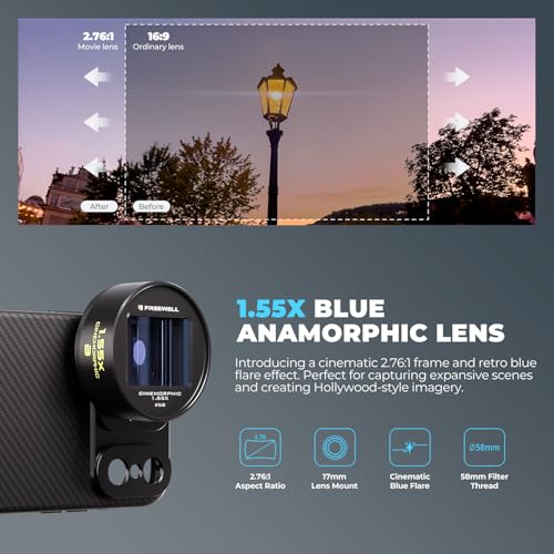Freewell 155x Blue Anamorphic Lens Compatible with 17mm Mount iPhone Samsung Cinematic Smartphone Lens with UltraWide View SciFi Blue Flare and Enhanced Video Quality - Image 3