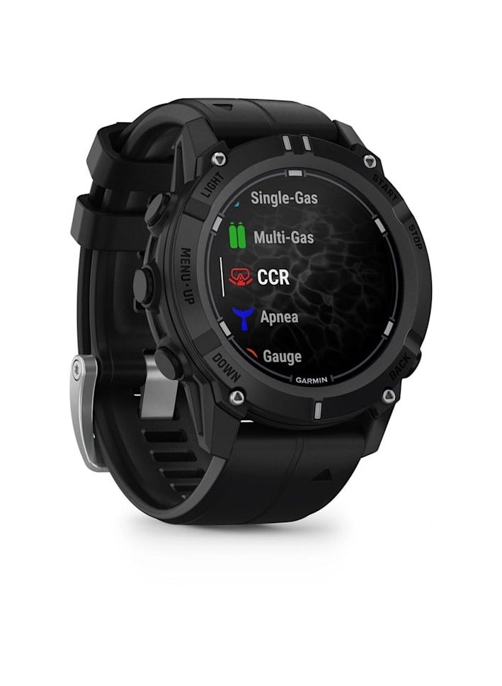 جارمين ساعة غوص ديستنت G2 بحزام سيليكون أسود - 45 مم - عمر بطارية يصل إلى 10 أيام - شاشة AMOLED بحجم 1.3 بوصة، مراقب معدل ضربات القلب، مراقب ضغط الدم طوال اليوم، ميزات GPS متقدمة، نظام GNSS مدمج وتطبيق رياضي، متوافق مع iOS و Android - Image 2