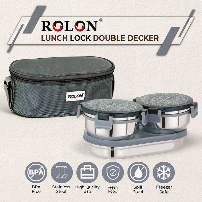 ROLON ROLON Lunch Lock Double Decker Grey LeakProof Design Portable and Durable Tiffin Box 2 Stainless Steel Round Containers 300ml Each 1 Roti Container 550ml with Insulated Soft Pouch  - Image 5