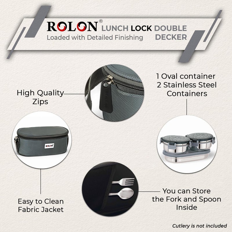 ROLON ROLON Lunch Lock Double Decker Grey LeakProof Design Portable and Durable Tiffin Box 2 Stainless Steel Round Containers 300ml Each 1 Roti Container 550ml with Insulated Soft Pouch  - Image 3