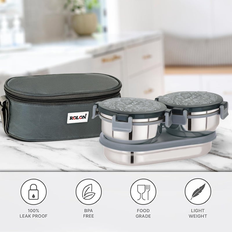 ROLON ROLON Lunch Lock Double Decker Grey LeakProof Design Portable and Durable Tiffin Box 2 Stainless Steel Round Containers 300ml Each 1 Roti Container 550ml with Insulated Soft Pouch  - Image 2