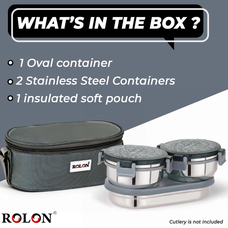 ROLON ROLON Lunch Lock Double Decker Grey LeakProof Design Portable and Durable Tiffin Box 2 Stainless Steel Round Containers 300ml Each 1 Roti Container 550ml with Insulated Soft Pouch  - Image 4