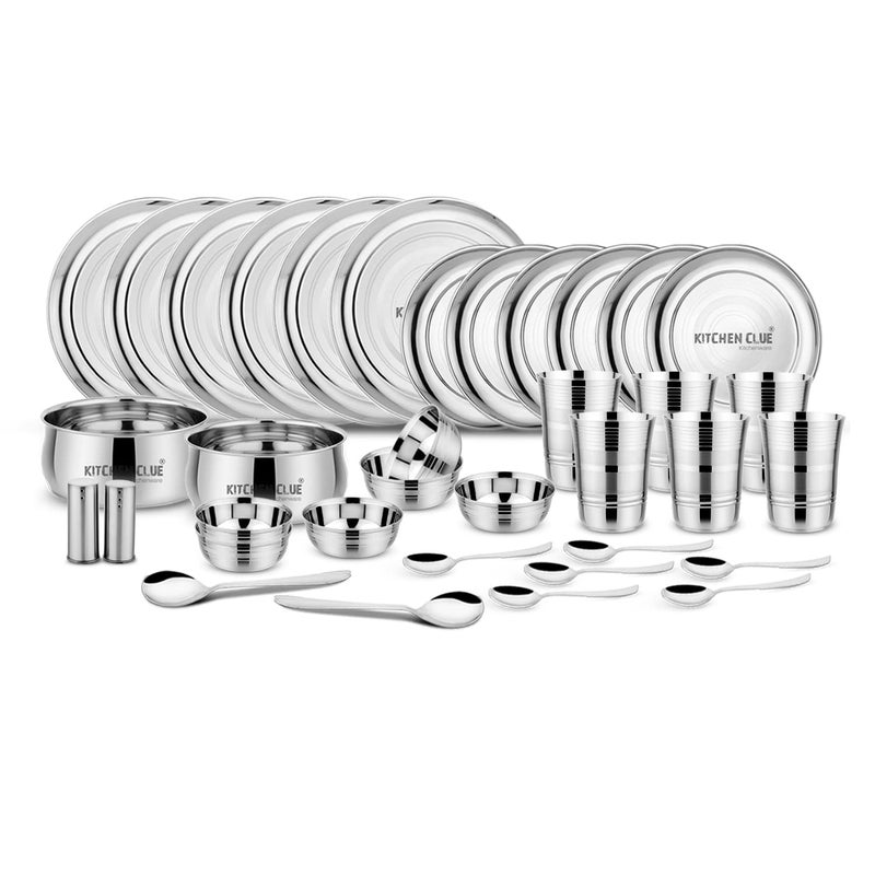 KITCHEN CLUE Stainless Steel Heavy Guage Quality Dinner Set for Kitchen (Pack of 36 Pcs) Exclusive Premium Range Kitchen Combo Set with Serving Bowl Set, Dinner Plates, Veg Bowls, Glasses, Cutlery - Image 1