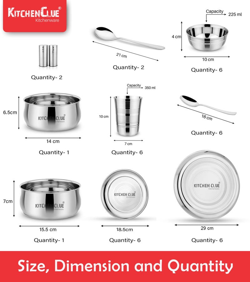 KITCHEN CLUE Stainless Steel Heavy Guage Quality Dinner Set for Kitchen (Pack of 36 Pcs) Exclusive Premium Range Kitchen Combo Set with Serving Bowl Set, Dinner Plates, Veg Bowls, Glasses, Cutlery - Image 4