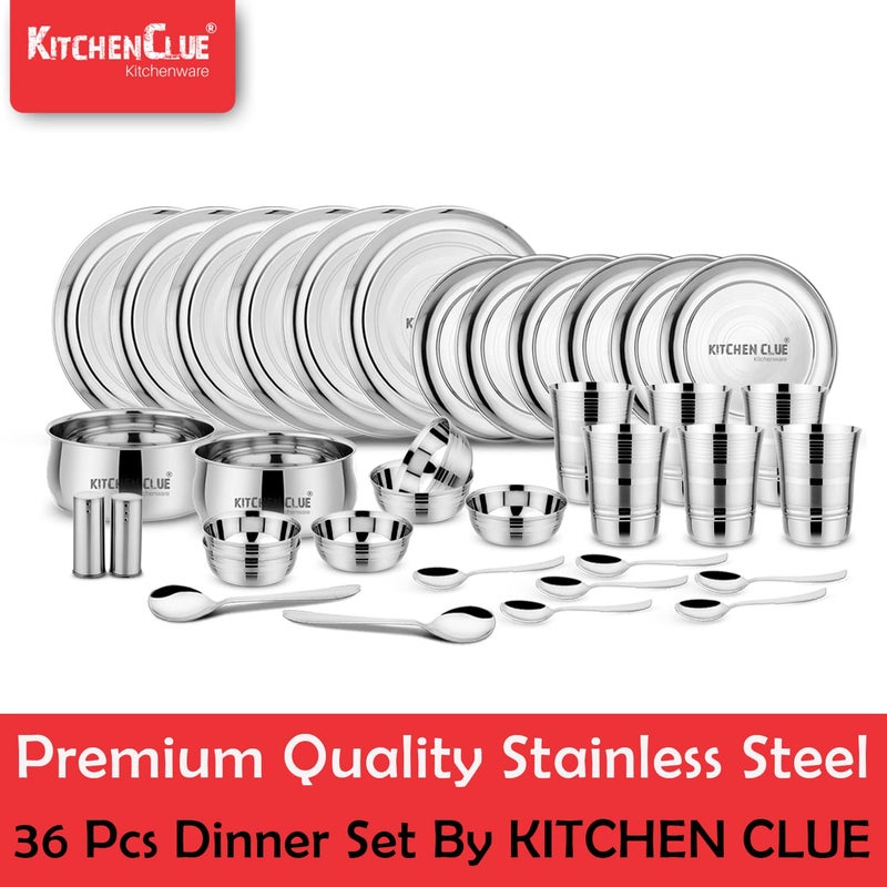 KITCHEN CLUE Stainless Steel Heavy Guage Quality Dinner Set for Kitchen (Pack of 36 Pcs) Exclusive Premium Range Kitchen Combo Set with Serving Bowl Set, Dinner Plates, Veg Bowls, Glasses, Cutlery - Image 2