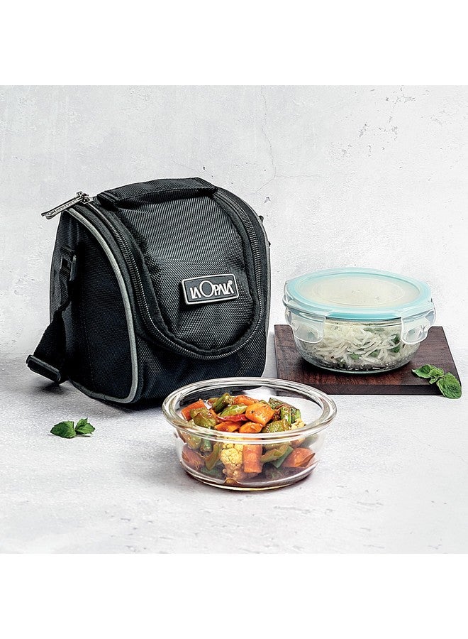 La Opala Cook Serve Store 100% Borosilicate Glass Vertical Lunch Box with Bag | Set of 2, 400 ml Each, Round | with Leak Proof Snap Lid | Tiffin for Office & College | Microwave Proof | Transparent - Image 1