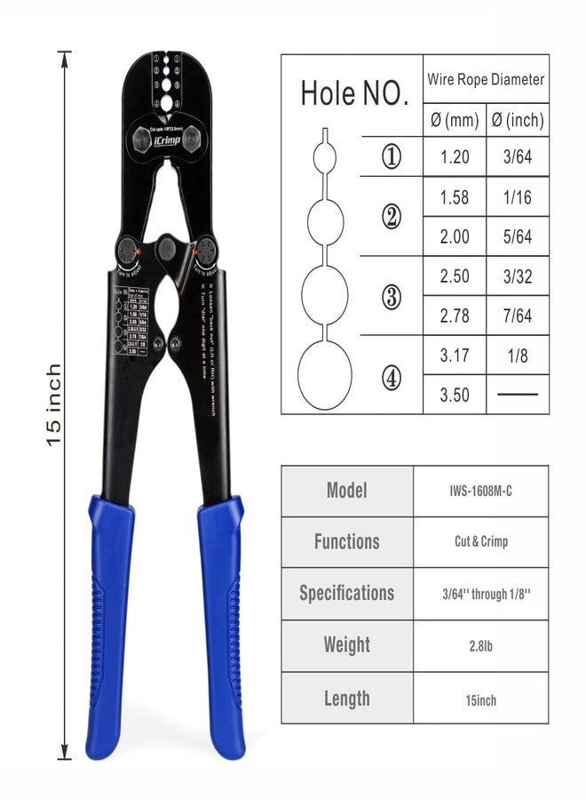 IWISS iCrimp Swaging Tool, Wire Rope Crimping Tools for Aluminum Copper Duplex Hourglass Sleeves, Stop Buttons and Ferrules with Built-in Cable Cutter Works from 3/64-inch to 1/8-inch - Image 2