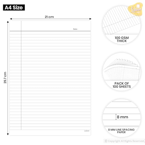 Lakeer A4 Single Side Ruled Paper - 100 GSM Thick Paper, Pack of 100 Sheets | Ideal for Projects, Assignments, Practicals, and Homework (White) - Image 2