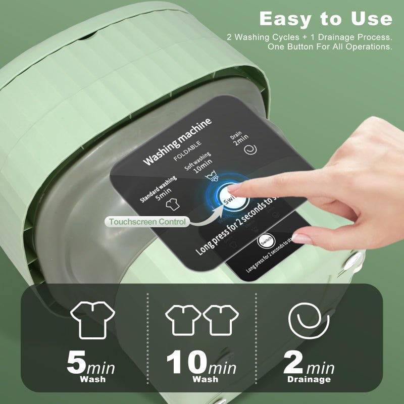 BJOP Mini Portable Washing Machine, 9L, 3 Modes, Blue Light, Ideal for Underwear, Socks, Baby Clothes. Foldable for Space-Saving, Perfect for Apartments, Hotels, Camping & Travel (Green) - Image 3