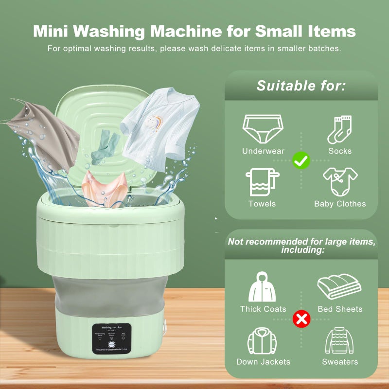 BJOP Mini Portable Washing Machine, 9L, 3 Modes, Blue Light, Ideal for Underwear, Socks, Baby Clothes. Foldable for Space-Saving, Perfect for Apartments, Hotels, Camping & Travel (Green) - Image 4