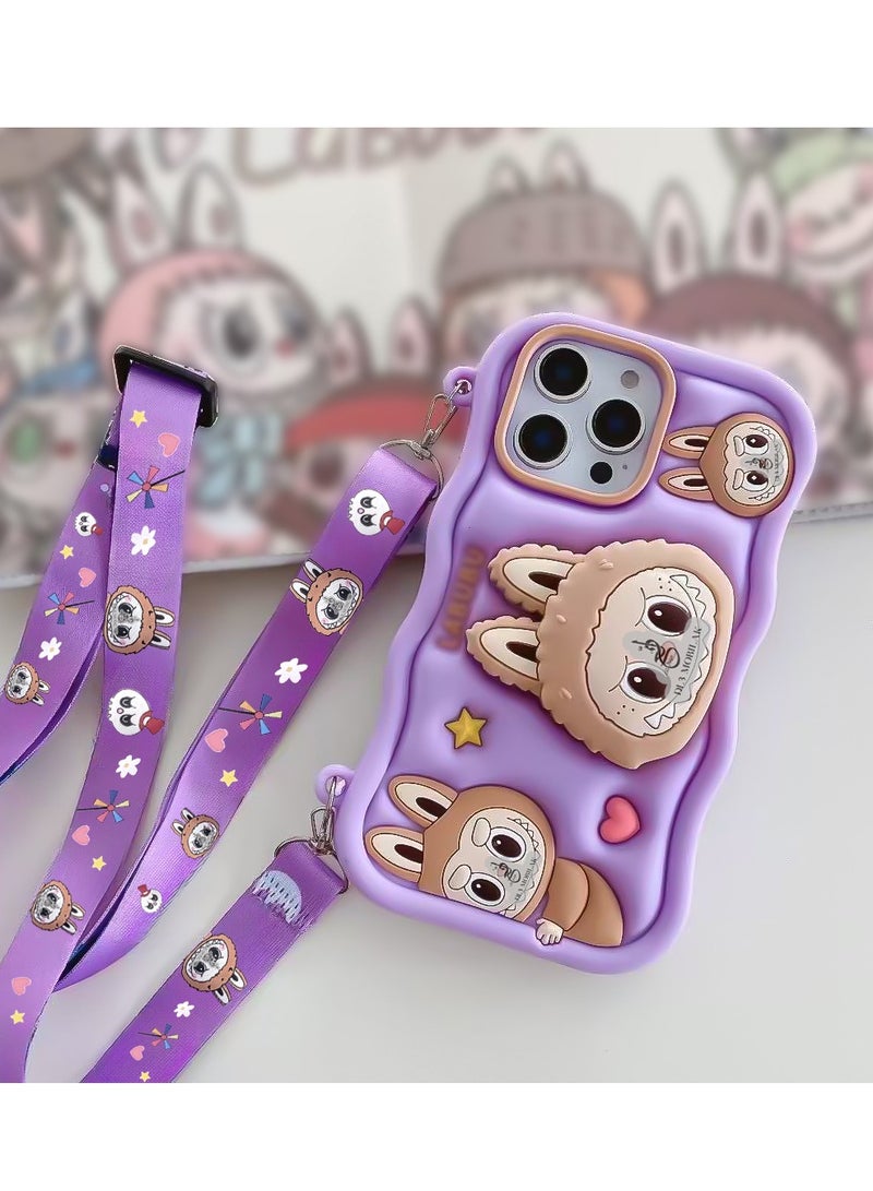 Case 3D Cute Silicone Cover with 3D Stand and Kawaii Shoulder Strap, Kids Girls Soft Funny Shockproof TPU Case With Lanyard For iPhone 11 Pro Max 6.5 Inch (Purple)