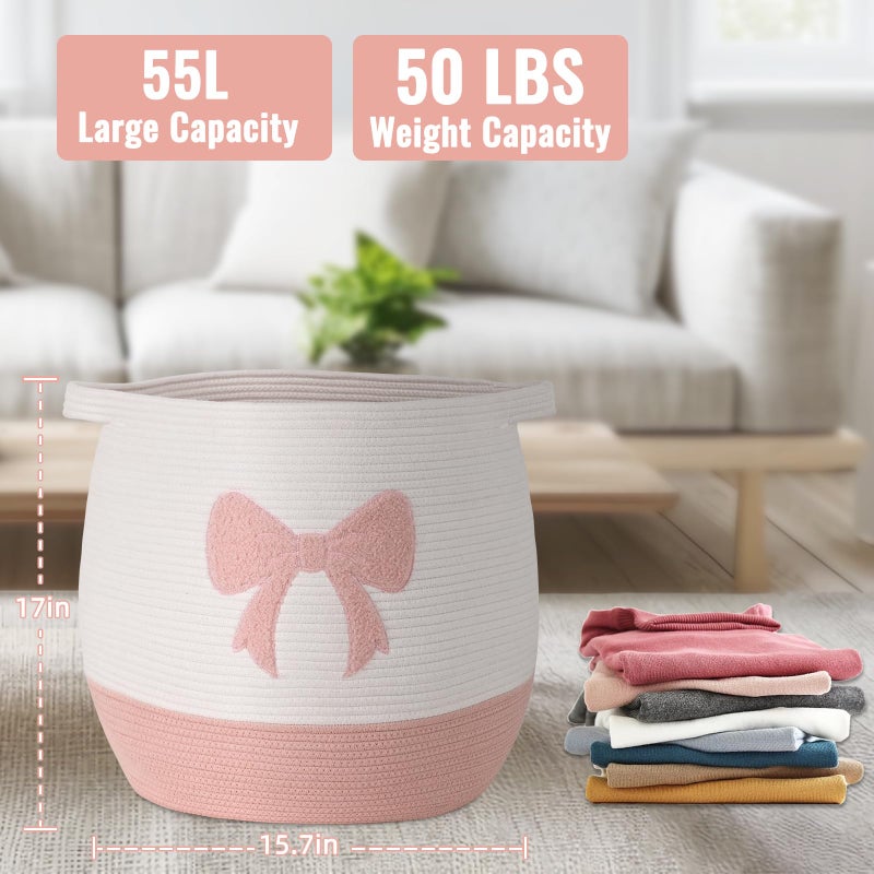 Degeyoyo Large Baby Laundry Basket, Pink Laundry Hamper for Baby Girl, Toy and Blanket Storage Basket, Cotton Rope Baskets for Organizing 17"x15.7" - Image 4
