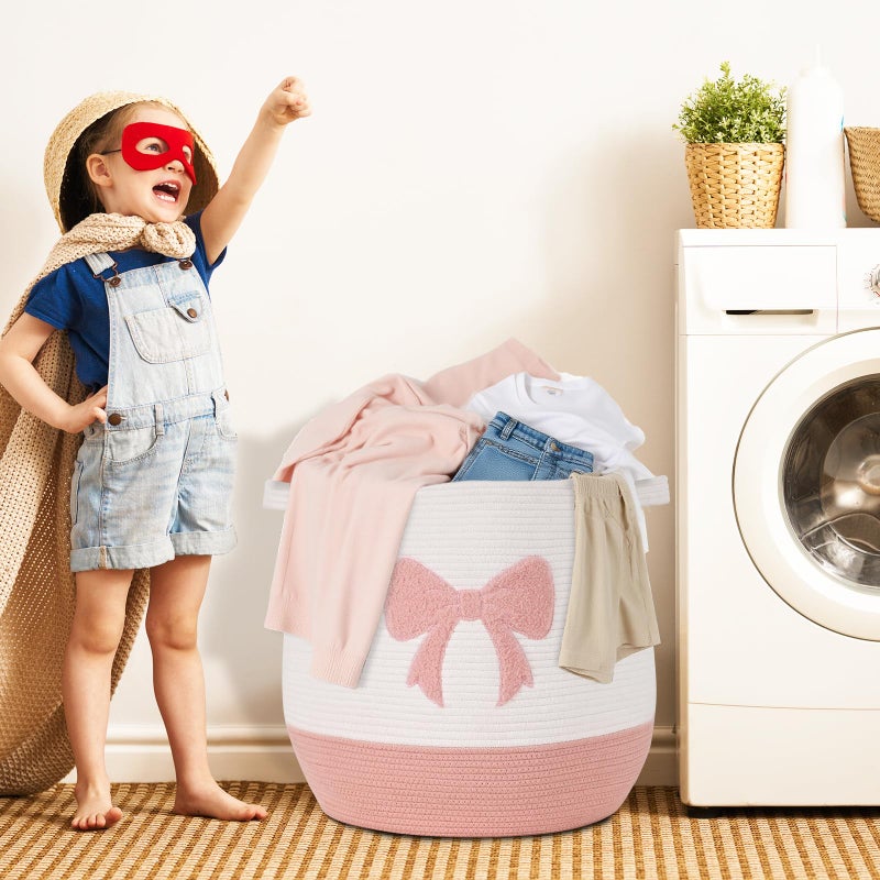 Degeyoyo Large Baby Laundry Basket, Pink Laundry Hamper for Baby Girl, Toy and Blanket Storage Basket, Cotton Rope Baskets for Organizing 17"x15.7" - Image 3