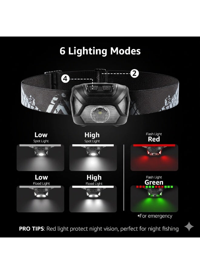 DEXO مصباح رأس LED قابل لإعادة الشحن ومقاوم للماء – 1200 لومن ضوء ساطع مع مستشعر لمغامرات التخييم، الصيد والطوارئ، جسم ABS قابل للتعديل، مدة تشغيل 12 ساعة - Image 2